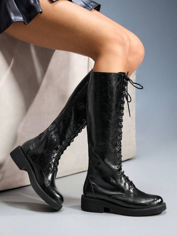 CUCCOO GRLICON Women Round Toe Lace-Up Knee-High Boots, Suitable For Back To School, Y2K, Halloween, Christmas, Party Outfits