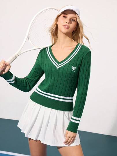 CourtClass Regular Fit Colorblock Striped Long Sleeve V-Neck Sweater Green Tennis Sweater Tennis Outfits For Women Tennis Top
