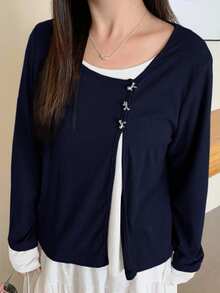 Dazy Plus 撞色蝴蝶结装饰二合一时尚长袖T恤，适合大码女性 - 藏蓝色 - 查看 5