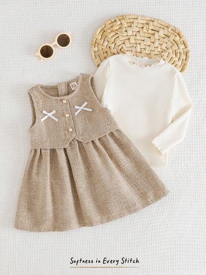 Cozy Pixies 2 件套女婴纯色针织柔软圆领长袖毛衣和圆领无袖连衣裙套装，卡其色，温暖舒适，适合冬季、圣诞节和新年