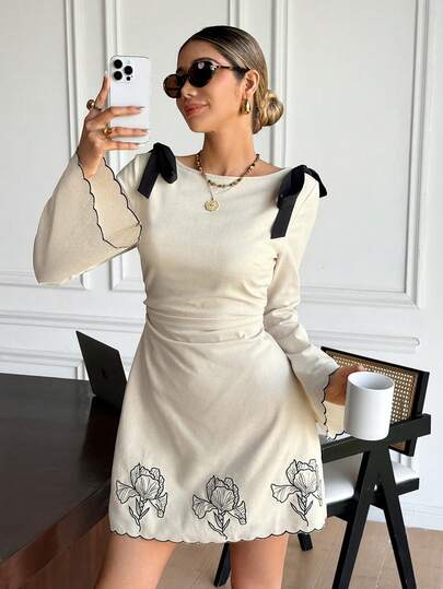Serisse 女式优雅通勤花卉刺绣系带喇叭袖迷你连衣裙
