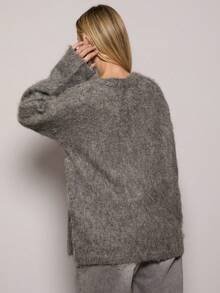 SHEIN BAE 女士常规纯色长袖单排扣休闲针织开衫，秋冬季，冬季，女士冬季，秋季，女士秋季，女士秋季，万圣节，圣诞节，女士圣诞节，新年，感恩节，女士新年，圣诞毛衣，女士冬季毛衣，灰色开衫毛衣，适合外出穿着的毛衣，休闲毛衣，派对上衣，派对 - 灰色 - 查看 2