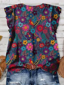 EMERY ROSE Áo sơ mi VCAY cổ điển in hoa xanh dương, dáng rộng, thoải mái cho phụ nữ ngoại cỡ, phù hợp cho mùa hè - Nhiều màu - Xem 3