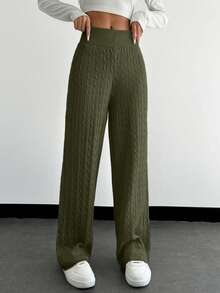 EURMUSE Solid Color Twist Knit Elastic Waist Casual Versatile Straight Leg Sweater Pants - Army Green - View 5