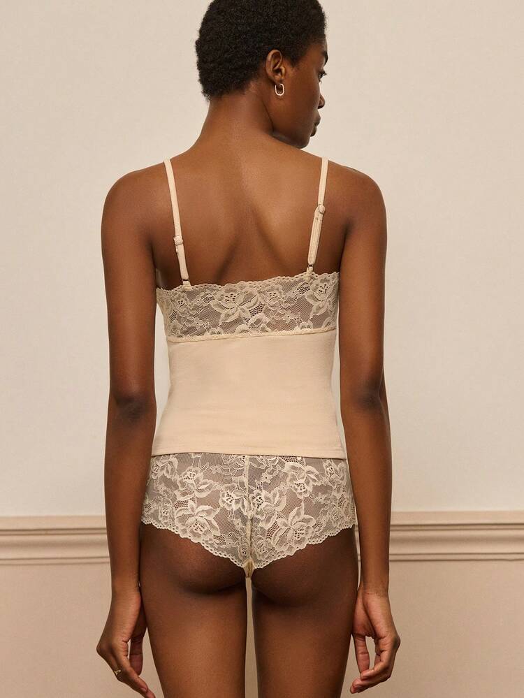 Cream Rib Cami Lingerie Set With Floral Lace Trim And Matching Lace Shorts Sexy Chic