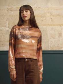 lacRébo Pink And Brown Gradient Sequin Cropped Sweater With Long Sleeves, Chic Fall-Winter Party Top Shiny Top Premium Sparky Top  New Year Party Outfits - Orange - View 5