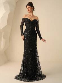 Coutiva Váy dài tay trễ vai cổ chữ V đính sequin thanh lịch với chân váy đuôi cá, hoàn hảo cho đám cưới, thảm đỏ, đêm nhạc Opera và bữa tối sang trọng, váy dự tiệc, váy khách dự tiệc cưới, váy trang trọng, váy dạ hội - màu đen - Xem 5