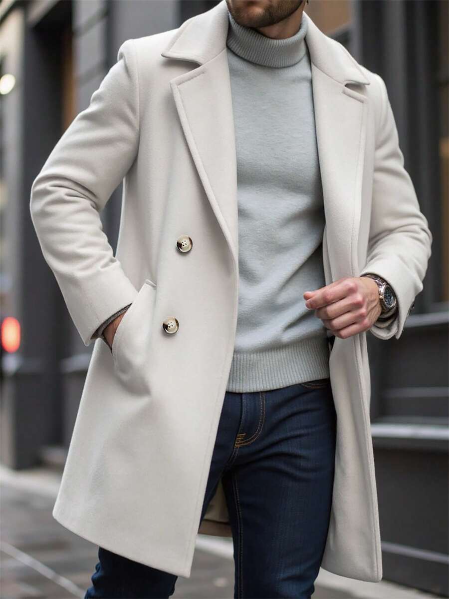 Calvornis Men's Long Sleeve Double-Breasted Casual Overcoat, Fall And Winter, Mix And Match Autumn Menswear, Winter , Warm Elegant Casual Street Style For Men Old Money Festival Wedding Guest - Apricot - View 1