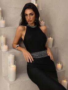 Vowa Váy ôm sát vai thêu hạt thủ công bằng vải dệt kim sang trọng thanh lịch, thích hợp cho tiệc tối, tiệc tùng, triển lãm, sự kiện kinh doanh, khách dự tiệc cưới, váy dạ hội - màu đen - Xem 4