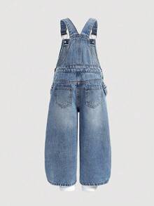 SHEIN 少女蓝色牛仔宽松背带裤，3D 蝴蝶结装饰 - 深色水洗藍 - 查看 3