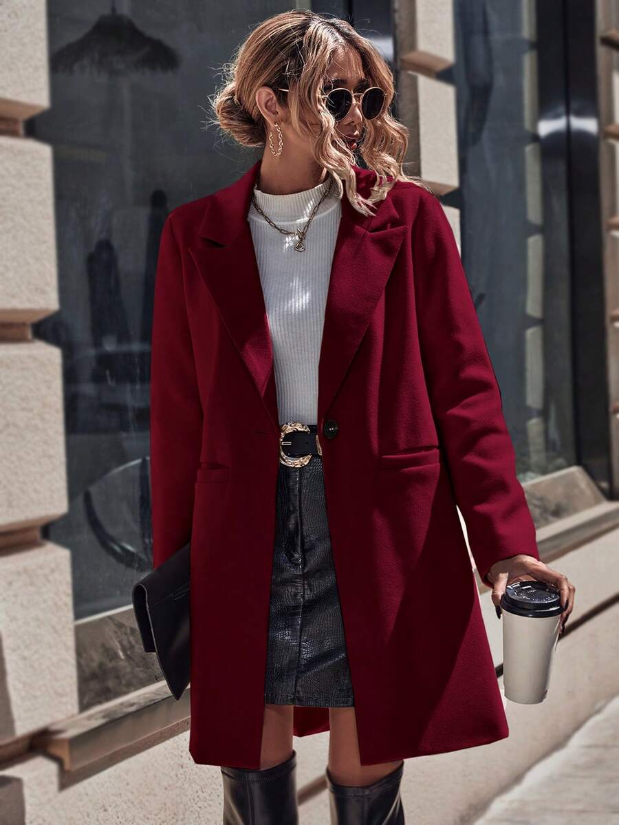 EMERY ROSE Solid Color Button Pocket Casual Versatile Long Sleeve Jacket - Burgundy - View 1
