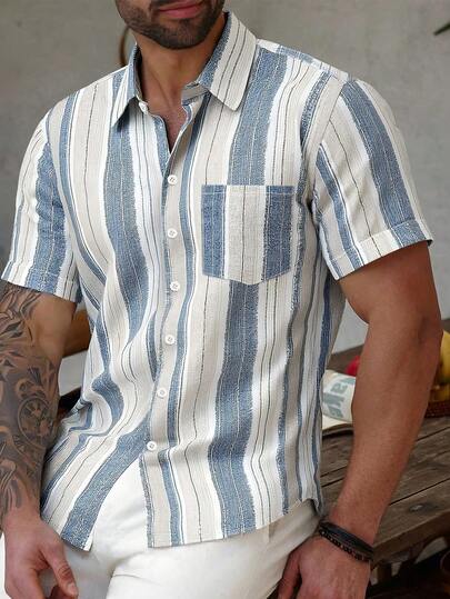 Manfinity Homme Plus Size Men's Casual Striped Short Sleeve Shirt, Summer