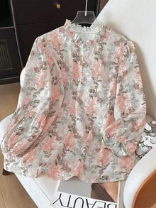 SHEIN Clasi Pink Bishop Sleeve Blouse In Woven Fabric For Elegant Everyday Style Pink Floral Blouse Floral Blouse Women Long Sleeve Blouse Flower Shirt - Pink - View 7