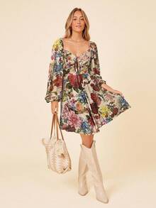 SHEIN VCAY Women's Elegant Floral Print Lantern Sleeve Dress