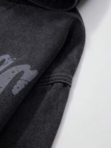 ROMWE MEN Street Life Áo khoác hoodie tay dài họa tiết chữ mùa thu dành cho nam có túi và dây rút - màu đen - Xem 6