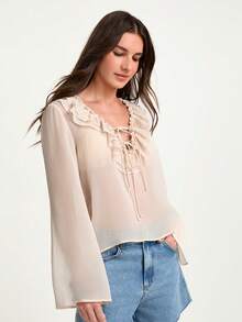 CAJUNI BLUSA HOLGADA CON CUELLO DE VOLANTES - BEIGE - Crema - Ver 4