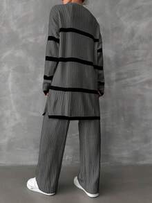 EURMUSE 2 件女式条纹落肩长袖圆领毛衣和针织裤套装，秋冬 - 灰色 - 查看 2