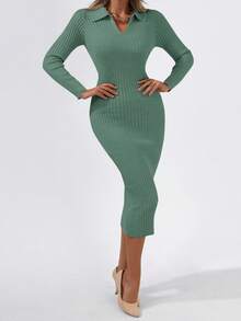 Cloudara Solid Ribbed Knit Bodycon Sweater Dress - Mint Green - View 3