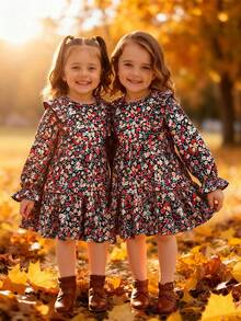 Babygirl Cute & Elegant Loose Ditsy Floral Ruffle Trim Long Sleeve Dress