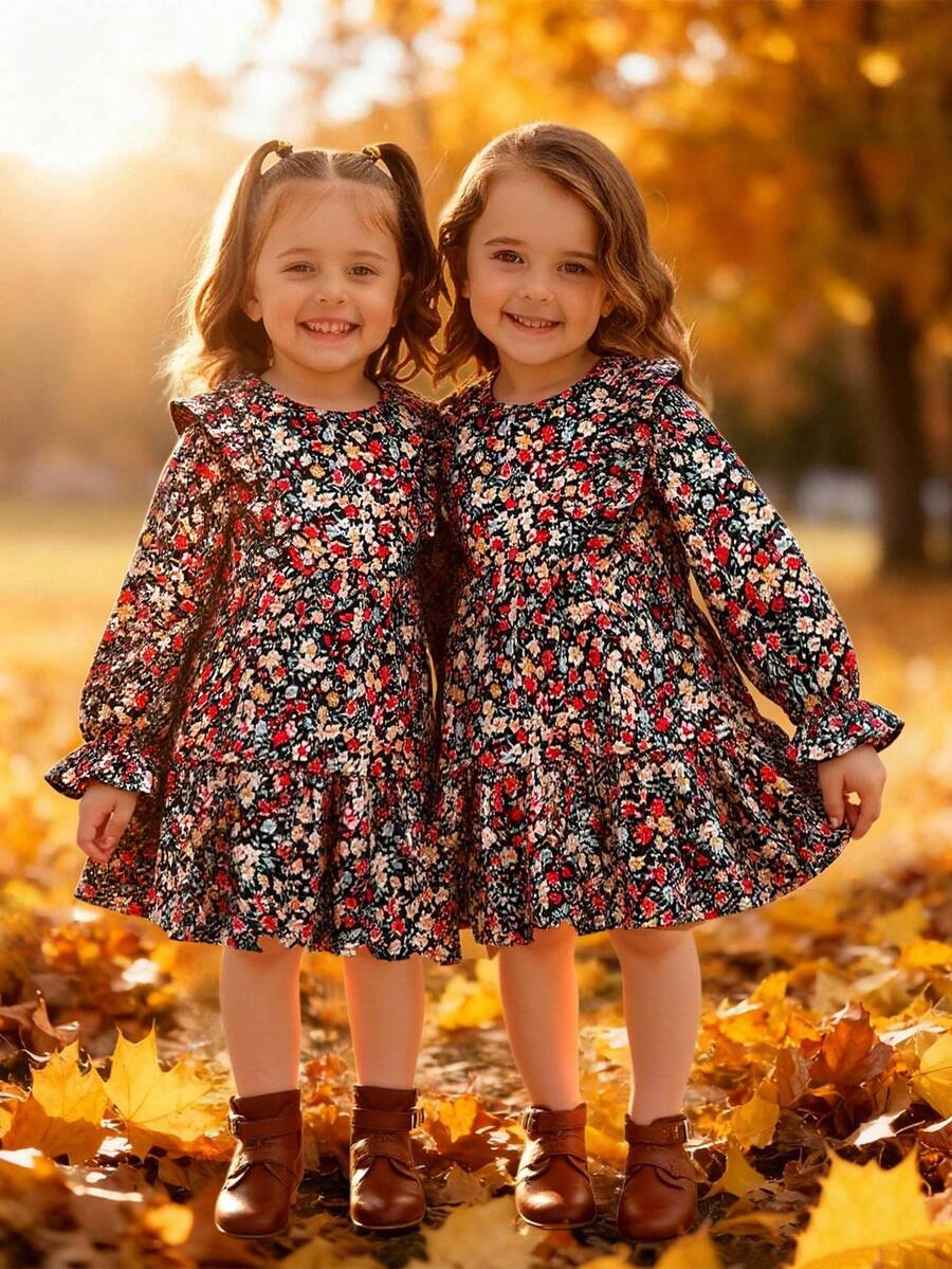Babygirl Cute & Elegant Loose Ditsy Floral Ruffle Trim Long Sleeve Dress