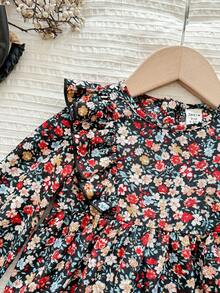 Babygirl Cute & Elegant Loose Ditsy Floral Ruffle Trim Long Sleeve Dress