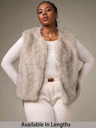 SHEIN Tall CURVE 大码女式纯色开襟毛绒背心外套，适合冬季穿着，大码背心，大码冬装，女式仿皮草背心，女式毛绒外套