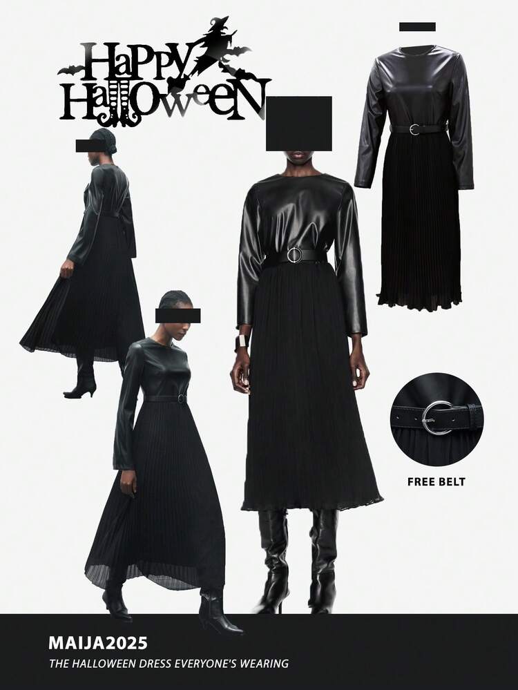 SHEIN Maija Women's Fashion Solid Color Patchwork Pleated Waist Long Dress, Winter Dress, Autumn Clothes , Halloween Costumes, Halloween Cosplay, Christmas Party , New Year Clothes , New Year Women,Thanksgiving Outfit For Women,PU Chiffon Patchwork Dress, Pleated, Big A-Line Silhouette, With Belt, Small Round Neckline, Long Sleeves, Autumn And Winter Modern Style, Street Design, Suitable For Going Out, Women's Midi Dress.