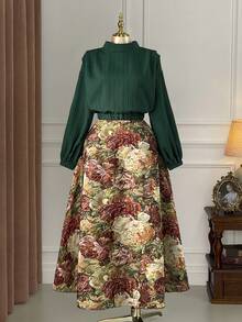 DreamSkyne Conjunto feminino plus size de manga comprida, cintura franzida, top cropped e saia midi com estampa floral, 2 peças, elegante - Multicolorido - Ver 1