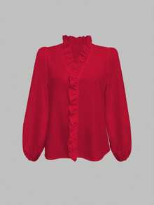 EMERY ROSE Women's Solid Color Ruffle Collar Long Sleeve Casual Loose Blouse - Red - View 3