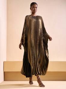 Zivah 2025早秋冬新款 生日派对,毕业季,日常出游,基础款,百搭款,休闲度假,邮轮旅行,网红款,流行款,休闲款,优雅款,通勤款,休闲款,街头派对,性感圆领披肩款,九分袖宽松廓形百褶裙,闪亮百褶面料超长连衣裙,金色淑女超长连衣裙-A - 黑金色 - 查看 7