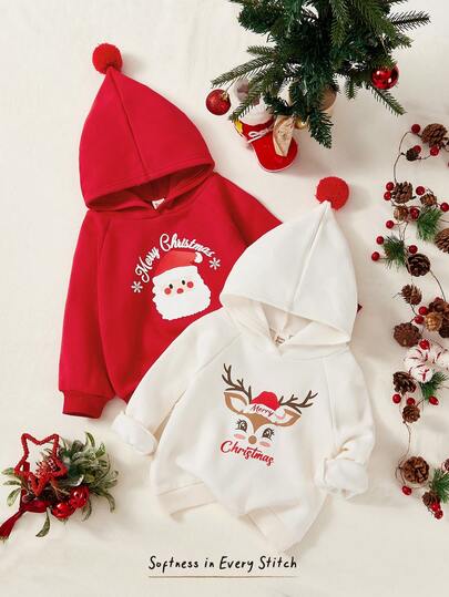 Cozy Pixies Baby Girls Christmas Deer, Santa Claus & Snowflake Pattern Thermal Lined Pullover Sweatshirt Sweatshirt, Suitable For Indoor, Outdoor Casual, Skiing, Back To School, Daily Wear, Sports, Play, Party In Autumn/Winter Season