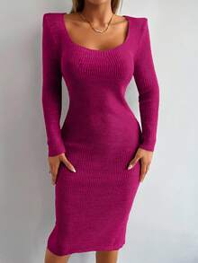 EURMUSE Vestido de punto ajustado de manga larga con cuello en V acanalado de unicolor para mujer en otoño - Rojo violeta - Ver 5