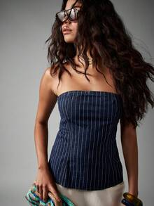 AiiRZ Strapless Pinstripe Denim Bandeau Top For Summer Festival Casual Wear