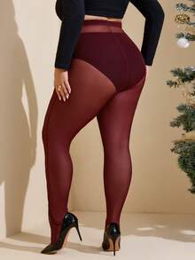 SHEIN CURVE+ Plus Size Burgundy, Cherry Red, Maroon Color Sheer Leggings, Tight Bodycon Leggings, Pantyhose, Fitted, Plain, Women's Basic, Western Women's, Summer, Tight, Easter, Spring, Mardi Gras/Mardi Gras, Valentine's Day, Valentine's Gifts, Sexy, Y2K, Fashionable, Rave, Music Festival - Red - View 2