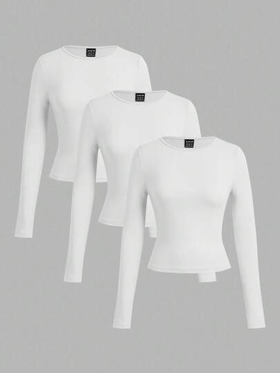 SHEIN EZwear Set de 3 camisetas de manga larga de cuello ancho ajustadas y casuales para mujer, color blanco, para otoño/invierno