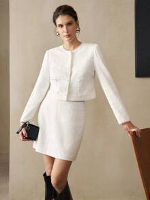 SHEIN LUNE Women's White Autumn Elegant Pearl Button Lace Woven Fabric H-Shaped Top + Hip-Wrapped Bottoms Two-Piece Set,Work Business Casual Church Outfits Suits - White - View 3