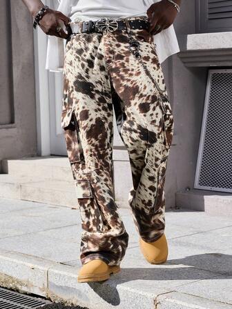 Street Life Jeans casuales de ajuste holgado con contraste de color de leopardo, estilo grunge