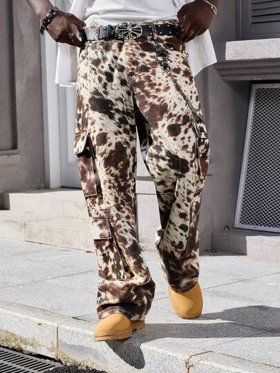 Street Life Jeans décontractés et amples pour hommes, effet léopard contrasté, style grunge