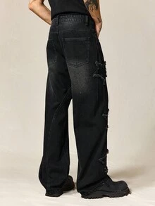 ROMWE MEN Street Life Men's Embroidered Stars Denim Jeans, Suitable For Everyday Wear In Autumn/Winter - Black - View 4