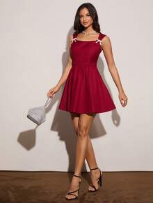 Enchnt Women's Elegant Burgundy Red Rhinestone Bow Decor Mini Dress, Summer Sleeveless Minimalist Chic&Elegant For Date&Formal Party Everyday Wear - Burgundy - View 5