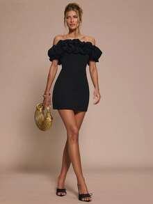 SHEIN BAE 1pc Women's Elegant Off Shoulder Tight-Fitting Black Jumpsuit, Suitable For Cocktail Parties, Romantic Dates, Autumn/Winter Layering, Gatherings, Parties,Valentine's Day,Valentine Outfits For Women - Black - View 1