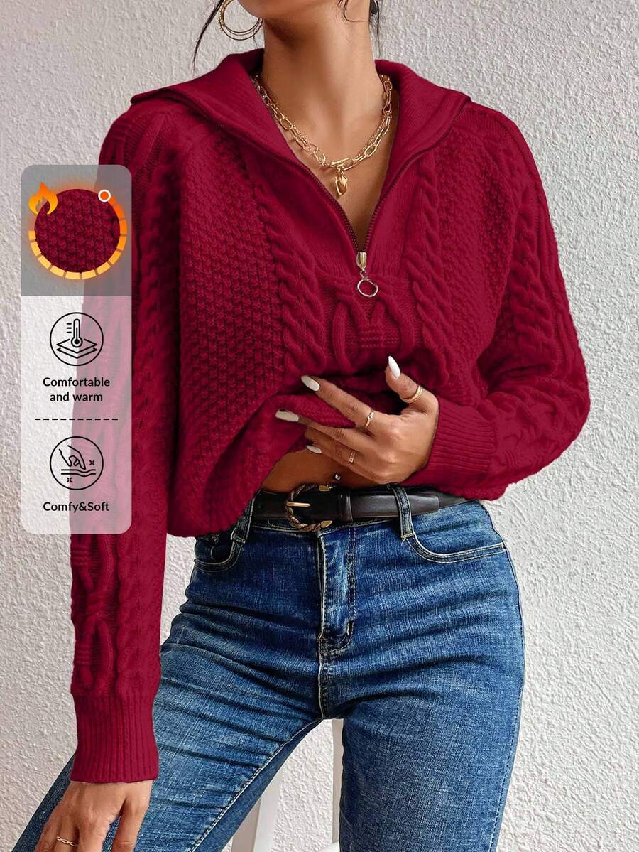 SHEIN Cottnline Solid Color Half-Zip Casual Pullover Sweater - Red - View 1