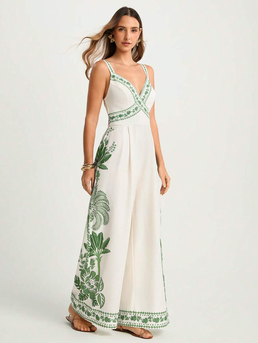 CAJUNI Fashionable & Elegant Green Palm Tree Print Women Spaghetti Strap Jumpsuit - Multicolor - View 1