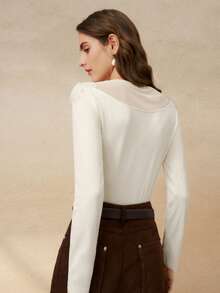 INAWLY Camiseta blanca de manga larga con decoración floral elegante para mujer, primavera/otoño - Beis - Ver 2
