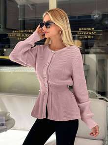 EURMUSE Women Solid Color Front Button Round Neck Cardigan,Cardigans,Long Cardigans Woman,Petite,Tall - Coral Pink - View 7