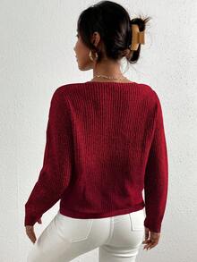 RueChic Cổ chữ V Thả vai Chi tiết ngọc trai Áo chui đầu Áo len - Màu Đỏ Sâu - Xem 2