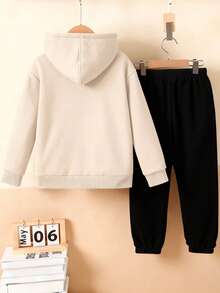 2 件套返校男童休闲时尚创意透气简约兄弟字母图案印花连帽运动衫和运动裤套装，个性化上衣秋季服装 - 彩色 - 查看 2