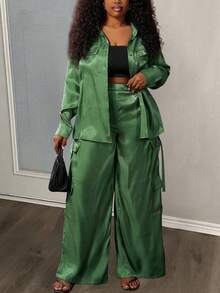 Slaydiva Sage Green,Autumn,Elegant,Formal Plus Size 2 Pieces Set Loose Shirt Collar Long Sleeve Sparkly Top And Wide Leg Long Pants For Casual Streetwear Party - Green - View 2