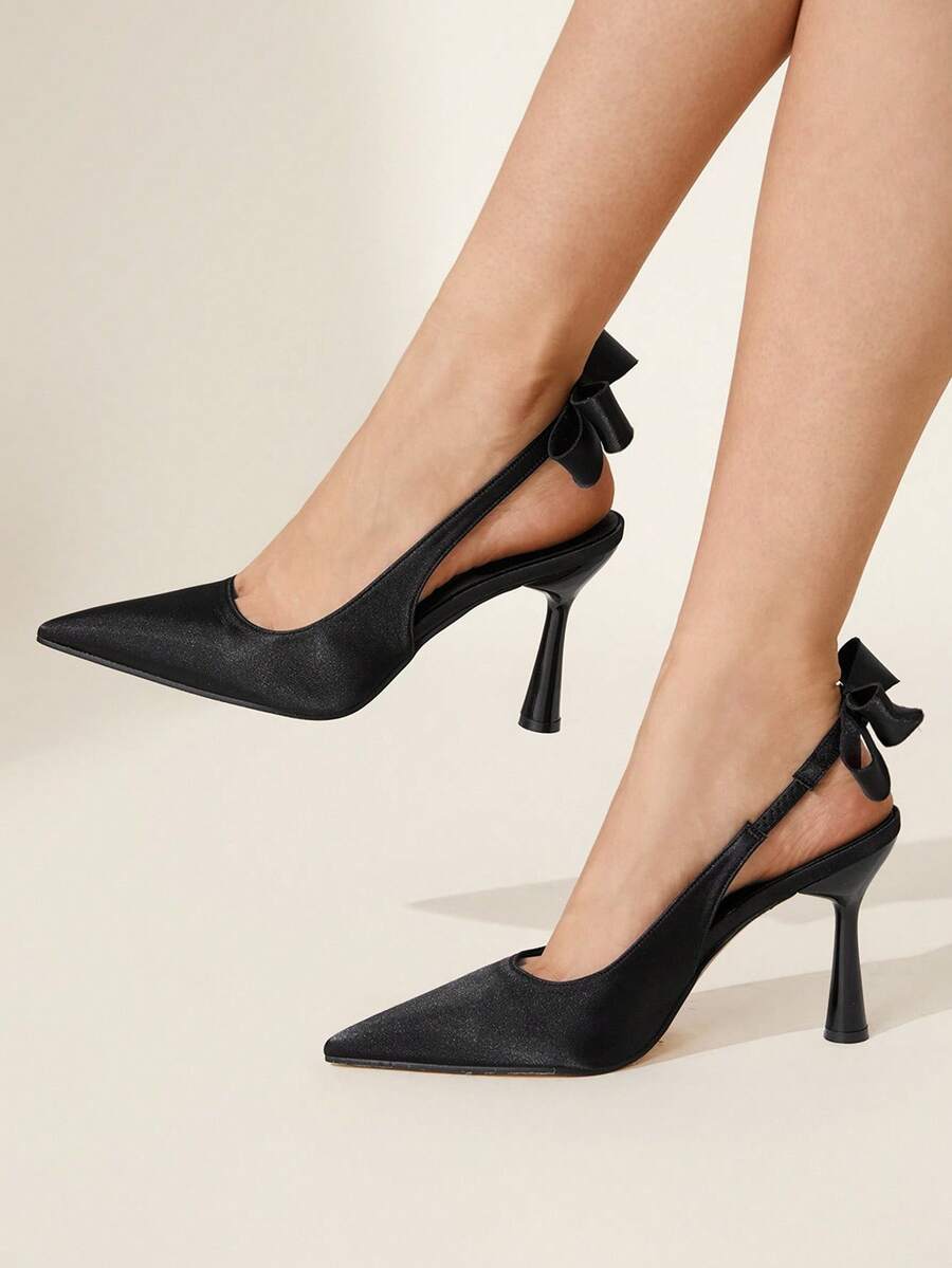 CUCCOO CHICEST 女士时尚尖头低鞋面细高跟鞋后带蝴蝶结装饰露跟优雅舒适浅口鞋适合春秋晚会,黑色 - 黑色 - 查看 1