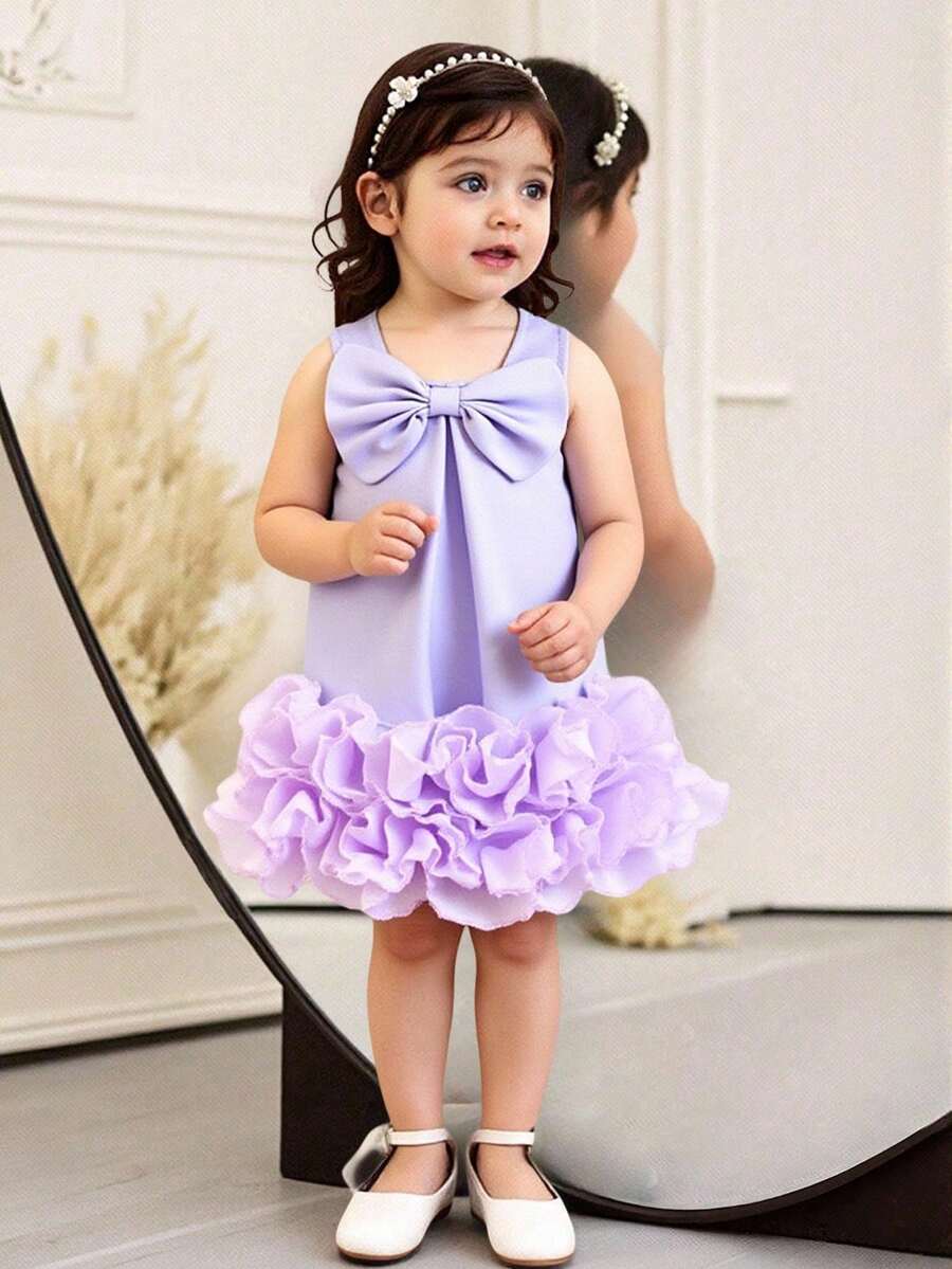 Elladie kids Baby Girls' Elegant Sleeveless Bow Decor Ruffle Mesh Dress, Minimalist Fashion For Spring/Summer - Mauve Purple - View 1
